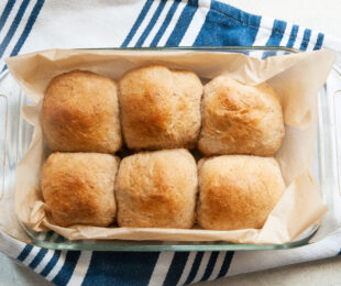 No knead dinner rolls in a baking dish